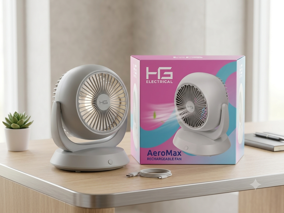 HG AeroMax Rechargeable Mini Desk Fan with LED Light | Type-C Portable Fan
